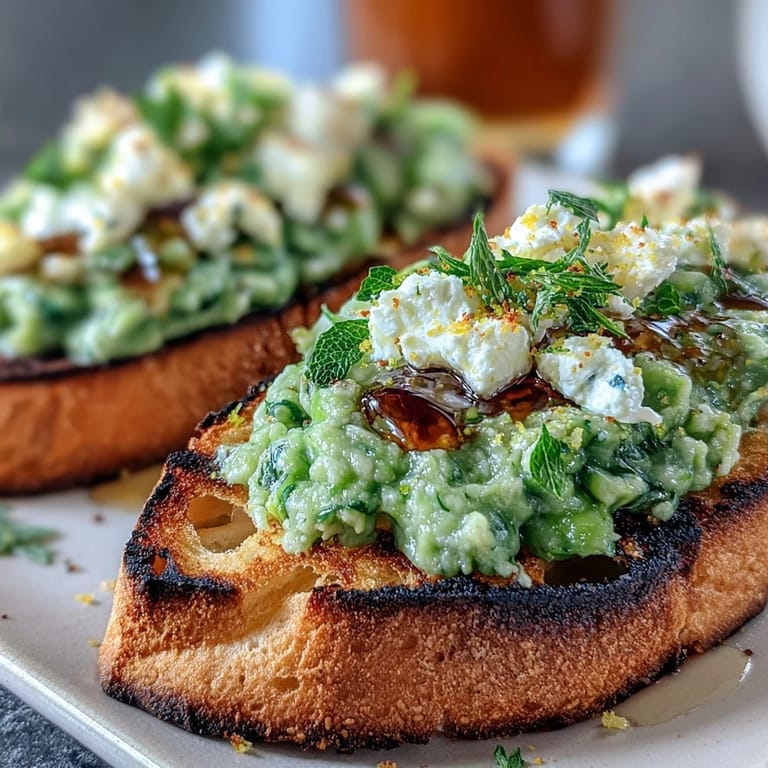 Vibrant green fava bean and mint topping on rustic grilled sourdough, garnished with herbs for a fresh bite.