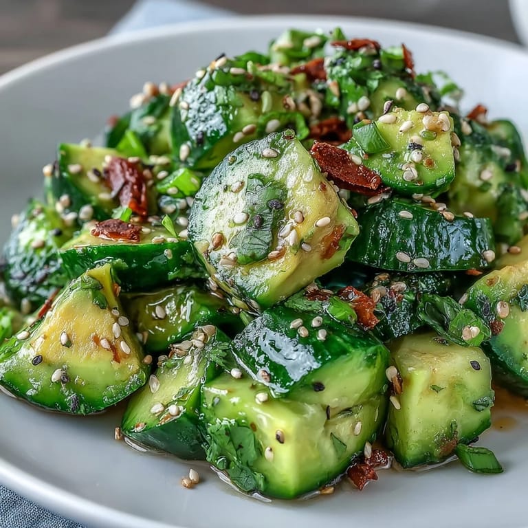 Colorful smashed cucumber and avocado salad tossed in sesame dressing, topped with toasted seeds and green onions.