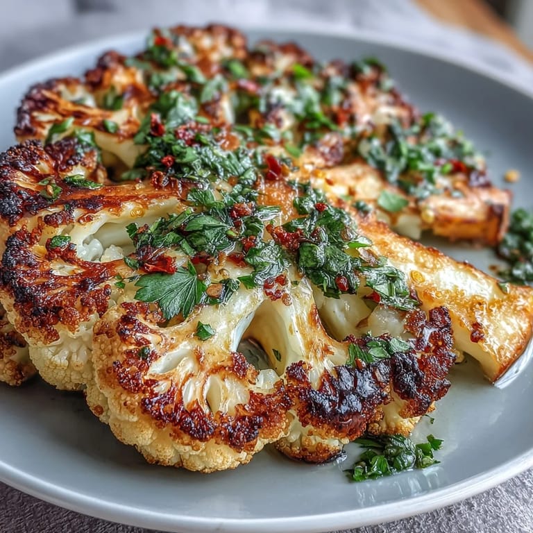Charred cauliflower slices seasoned with smoked paprika and cumin, served with fresh herb chimichurri.  