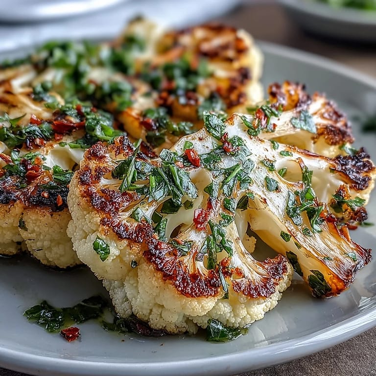 Hearty cauliflower steaks grilled until tender, finished with zesty parsley-cilantro chimichurri sauce.