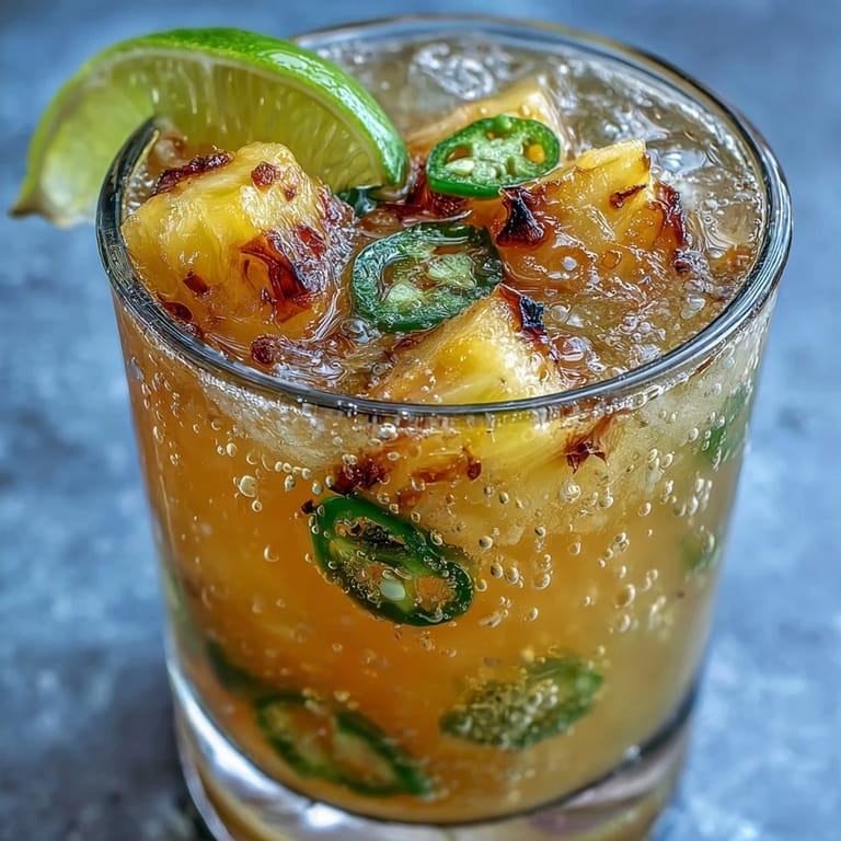 Homemade pineapple jalapeño agua fresca served over ice, garnished with fresh pineapple wedges and sliced jalapeño.