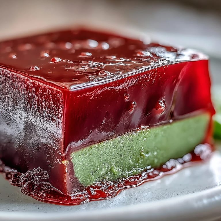Delicate yokan slices showcase a beautiful red bean and matcha jelly layer, perfect for elegant dessert presentations.