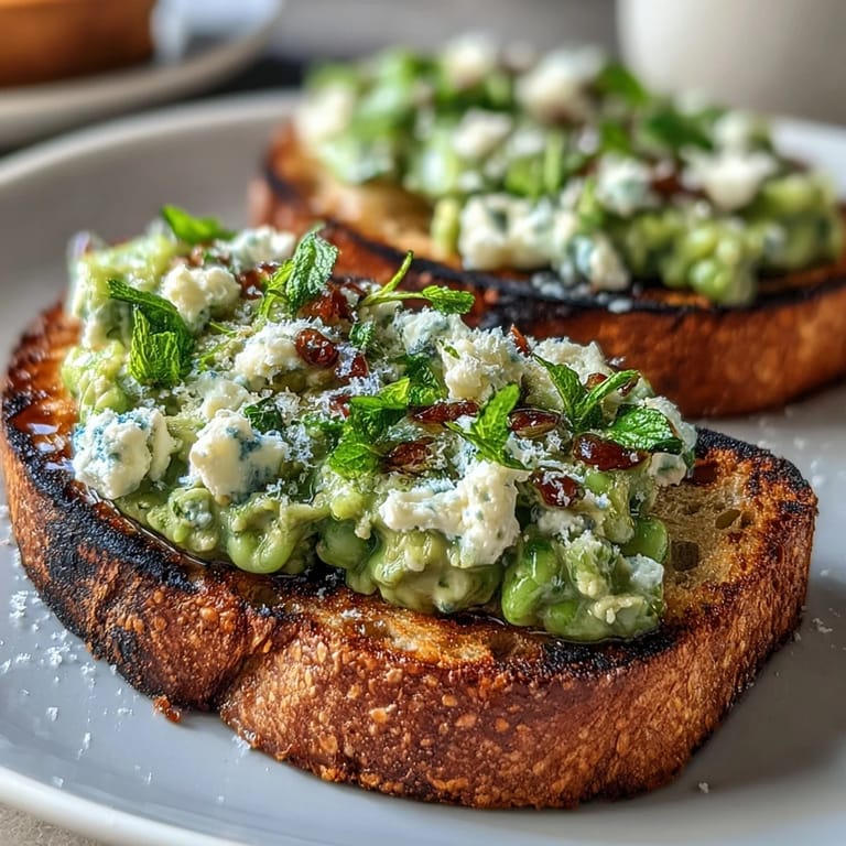 Creamy fava bean mash with fresh mint and lemon zest spooned over golden, charred sourdough slices.  