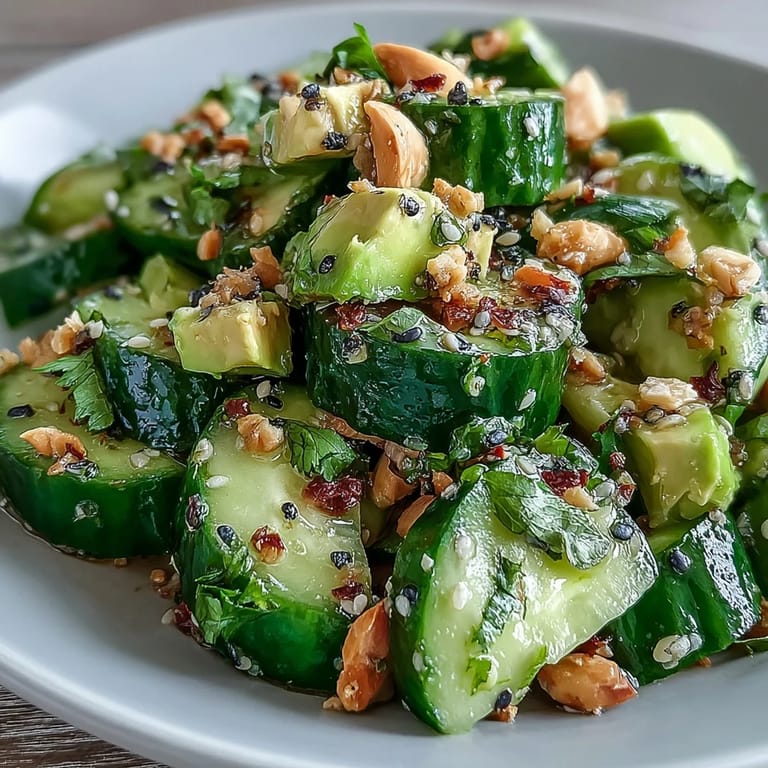 Nutty sesame dressing coats smashed cucumber and avocado salad, garnished with herbs for a refreshing, gluten-free meal.