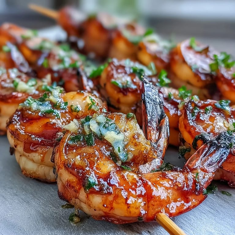 Golden honey garlic shrimp skewers glistening, ready to be served with lemon.