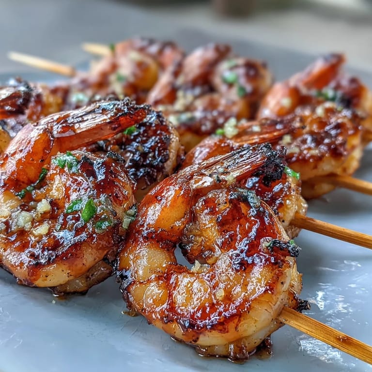 Deliciously glazed grilled honey garlic shrimp skewers, a quick and easy meal.