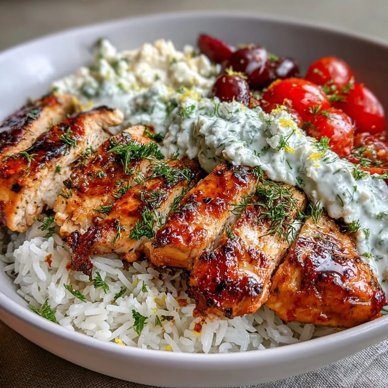 Beautifully arranged Greek Chicken Bowls with hummus, olives, and vibrant produce.