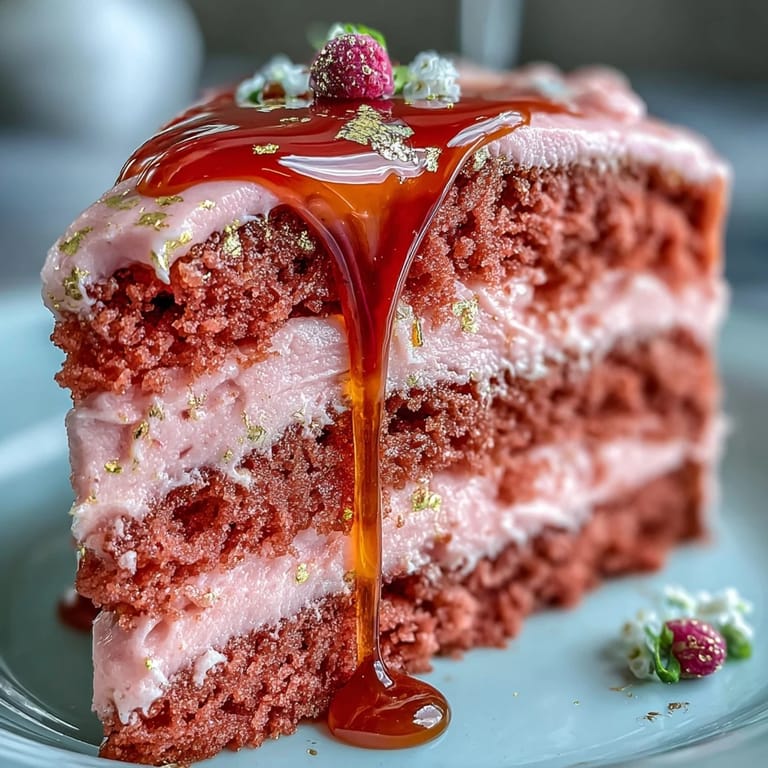 Elegant Rosé Velvet Cake with a decadent gold drip, perfect for celebrations.
