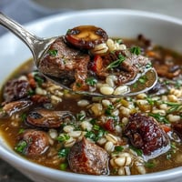 Golden beef and barley soup with mushrooms steams from a rustic bowl, garnished with fresh parsley for a cozy dinner.