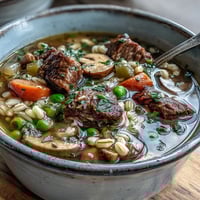 Warm Beef and Barley Soup in a rustic bowl, garnished with fresh parsley and a ladle nearby.