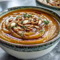 The photo shows a creamy bowl of Roasted Butternut Squash Soup garnished with toasted pumpkin seeds and fresh thyme.  
