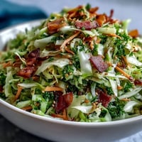 Close-up of German Cabbage Coleslaw With Shredded Ham tossed with crisp cabbage, carrots, and a tangy apple cider vinegar dressing.