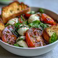 Fresh mozzarella balls and heirloom tomatoes in a Caprese Salad Bowl, drizzled with balsamic and topped with crispy bread.