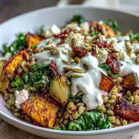 A close-up view of a Hearty Winter Grain Bowl with golden roasted root vegetables, wilted greens, and a creamy tahini dressing, topped with feta and pumpkin seeds.