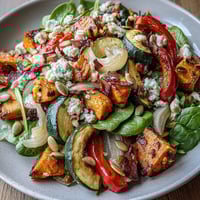 A Warm Salad Bowl filled with roasted sweet potatoes, red bell peppers, and wilted spinach, drizzled with vinaigrette.
