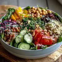 Brightly colored Rainbow Salad Bowl with quinoa, chickpeas, and fresh veggies on a white platter.