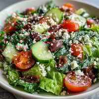 A vibrant Mediterranean Green Salad Bowl filled with spring mix, tomatoes, cucumbers, and crumbled feta cheese.