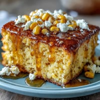 Golden, moist Southern-style cornbread baked in a cast-iron skillet, served warm with luscious honey butter for the ultimate comfort food experience.