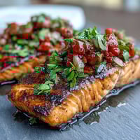 Grilled salmon fillets topped with bright strawberry salsa and fresh cilantro, perfect for a healthy spring dinner.