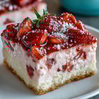 Strawberry lemonade bars with buttery shortbread crust, dusted with powdered sugar, perfect for spring picnics or summer gatherings.