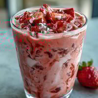 Refreshing dragon fruit refresher with coconut milk, blending vibrant pink pitaya and juicy strawberries for a tropical treat.