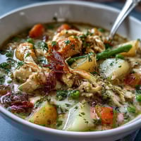 Creamy slow cooker chicken pot pie soup with tender chicken and hearty vegetables in a rich, savory broth.