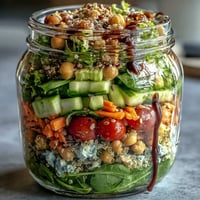 Layered mason jar salads with fresh greens, cherry tomatoes, and quinoa for healthy meal prep.