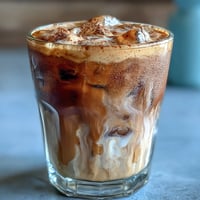 Iced brown sugar oat milk shaken espresso with frothy espresso, creamy oat milk, and cinnamon garnish in a tall glass.