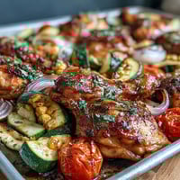 Sheet Pan Chicken with Zucchini and Corn - golden chicken breasts roasted with fresh zucchini, sweet corn, and cherry tomatoes for a colorful, healthy dinner.