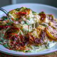 Creamy scalloped potatoes with Gruyere cheese, baked to golden perfection in a rich, garlicky cream sauce.  