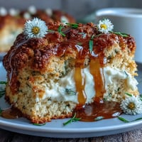 Warm golden scones infused with delicate dandelion honey, topped with a generous dollop of clotted cream for a classic British treat.