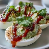 Creamy avocado deviled eggs with Sriracha drizzle, perfect for parties or healthy snacking