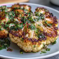 Smoky grilled cauliflower steaks topped with vibrant chimichurri sauce, a flavorful vegan main dish.  